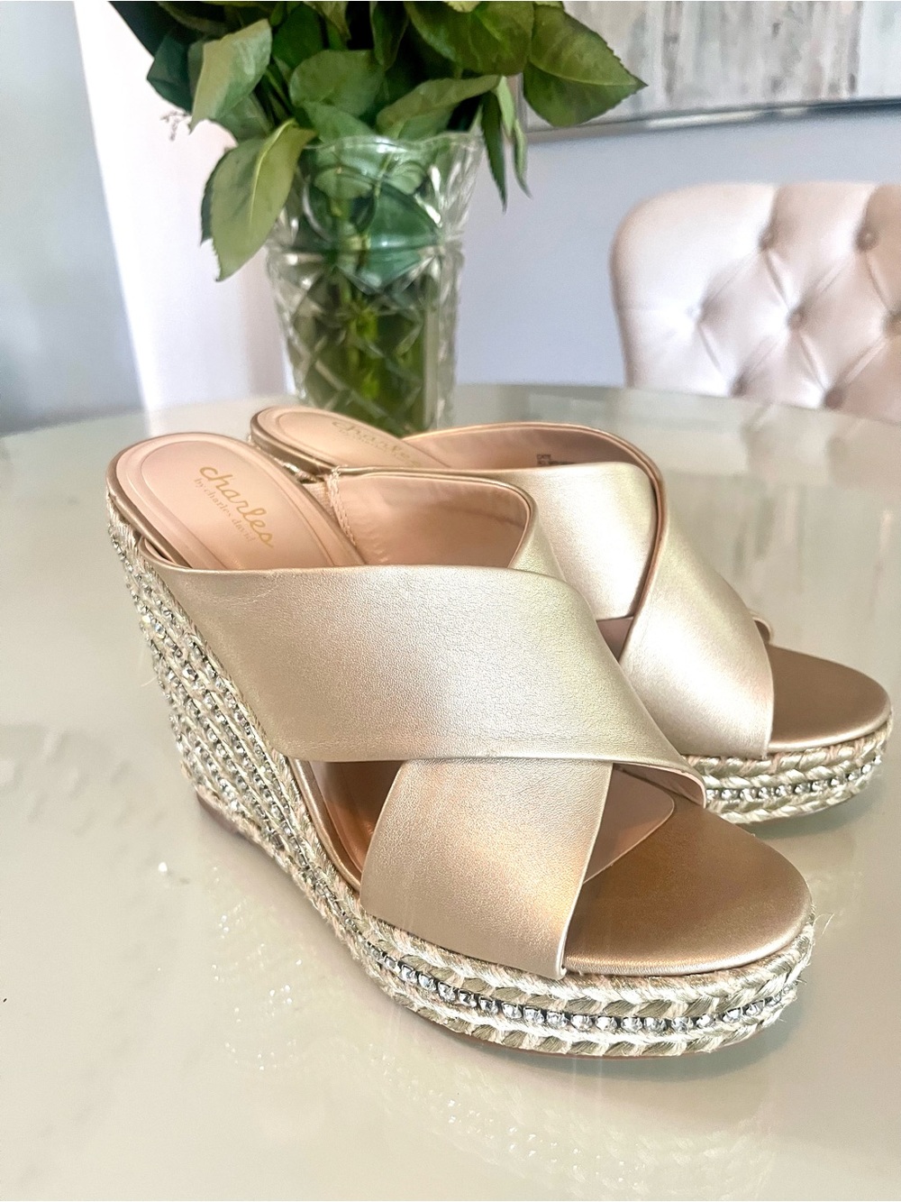NWOB Charles By Charles David Cate Gold Rhinestone Espadrille Wedge Sandals 9 - Picture 4 of 6